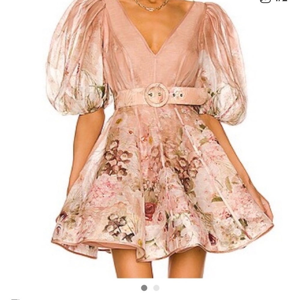 Zimmerman Dancer Dress- Blush Floral Mini Dress with Puff Sleeves